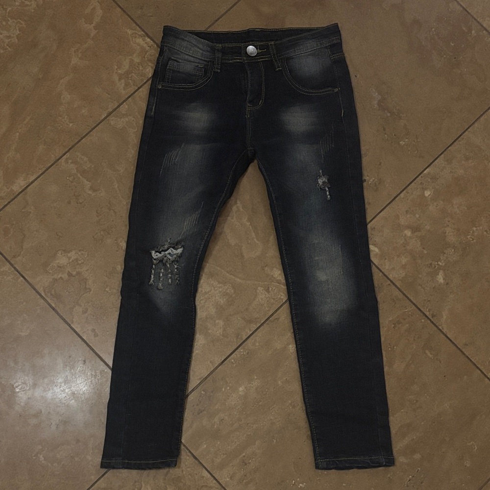 Youth Boy Dark Wash Distressed Skinny Jeans - Black